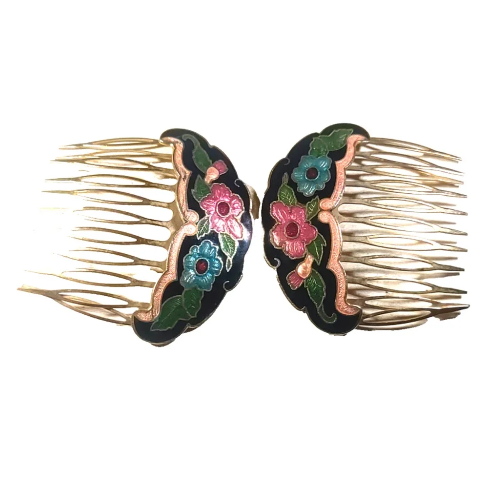 Set Of 2 Hair combs Enameled Black Pink Red Green Gold Tone Classic Design